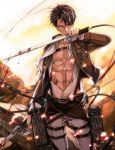  1boy 3dmg belt black_eyes black_hair blood cape dual_wielding jacket levi_(shingeki_no_kyojin) muscle open_clothes open_shirt ruins shibaken shingeki_no_kyojin solo sword thigh_strap weapon wire 