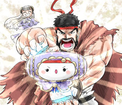  1boy 1girl ^_^ beard black_eyes black_hair cape closed_eyes company_connection crossed_arms crossover dougi dress facial_hair father_and_child father_and_daughter fighting_stance gloves hairpods headband highres ingrid_(capcom) kicdon long_hair monoid_(street_fighter) muscular muscular_male mustache open_mouth parent_and_child red_headband ryu_(street_fighter) short_hair smile street_fighter street_fighter_6 thick_eyebrows torn_clothes v-shaped_eyebrows veins white_hair 