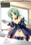  :o absurdres angel_mort black_legwear breasts cleavage detached_collar detached_sleeves glass green_eyes green_hair highres higurashi_no_naku_koro_ni open_skirt restaurant sonozaki_shion table tatekawa_mako thigh-highs thighhighs towel tray waitress wnb wnb_mark 