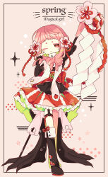  1girl absurdres black_boots blush boots closed_mouth commentary_request flower frilled_kimono frills front_ponytail full_body hair_flower hair_ornament hair_ribbon highres japanese_clothes kimono long_hair obi one_eye_closed original pink_background pink_hair red_eyes red_kimono red_ribbon red_sash ribbon rororoyu sash solo standing thick_eyebrows 