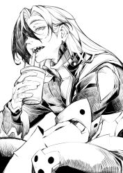  1boy absurdres boothill_(honkai:_star_rail) cropped_jacket cup curtained_hair drinking_straw drinking_straw_in_mouth elbow_on_knee highres holding holding_cup honkai:_star_rail honkai_(series) jacket long_hair looking_down male_focus midriff mole mole_under_eye mrsw0911 multicolored_hair open_clothes open_jacket open_mouth pants parted_hair sharp_teeth shirt short_sideburns sideburns simple_background solo teeth white_background 