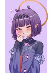  1girl black_hairband blush colored_inner_hair diamond_hairband grin hairband halo heterochromia highres hololive hololive_english looking_at_viewer multicolored_hair ninomae_ina'nis ninomae_ina'nis_(drawn_to_dawn) official_alternate_costume official_alternate_hairstyle orange_halo pink_eyes pink_hair purple_hair purple_shirt sharkudon shirt smile solo teeth tentacle_hair violet_eyes virtual_youtuber 