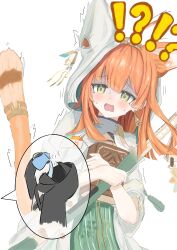  !? 1girl absurdres arknights blush book brown_hair brown_tail commentary doctor_(arknights) dress earrings fang gloom_(expression) green_dress green_eyes highres holding holding_book jewelry long_hair open_mouth papyrus_(arknights) rufnia scared simple_background skin_fang tail tail_raised trembling white_background white_dress 