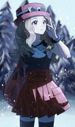  1girl absurdres bare_shoulders black_shirt black_thighhighs blonde_hair blue_eyes breasts collarbone commentary_request dot_att eyelashes eyewear_on_headwear hat highres korean_commentary long_hair medium_breasts mega_ring open_mouth outdoors pink_hat pokemon pokemon_x_and_y red_hat red_skirt serena_(pokemon) shirt skirt sleeveless sleeveless_shirt snow snowing solo sunglasses thigh-highs white-framed_eyewear 