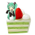  ahoge akisame_kou aqua_eyes aqua_hair bad_id cake chibi detached_sleeves food fruit hatsune_miku headphones headset highres in_food long_hair minigirl open_mouth pastry simple_background sitting skirt solo strawberry thighhighs twintails very_long_hair vocaloid 