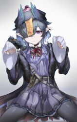  1girl :3 absurdres animal_on_shoulder arknights bird bird_on_shoulder black_jacket black_pantyhose commentary_request cowboy_shot crow dress fur-trimmed_jacket fur_trim hair_over_one_eye hands_up hat head_wings highres jacket jiangshi_costume looking_at_viewer mizuhashi_parusui mole mole_under_eye neck_ribbon ofuda ofuda_on_head one_eye_covered open_clothes open_jacket pantyhose pointy_ears purple_dress qingdai_guanmao red_hat red_ribbon ribbon short_hair simple_background sitting sleeves_past_fingers sleeves_past_wrists solo straight-on ukusik_(arknights) violet_eyes white_background wings 