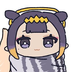  1girl 1other :3 blonde_hair blunt_bangs chibi closed_mouth commentary_request gradient_hair hairband halo hololive hololive_english jazz_jack looking_at_viewer lowres multicolored_hair ninomae_ina'nis purple_hair tentacle_hair transparent_background violet_eyes virtual_youtuber yellow_hairband yellow_halo 