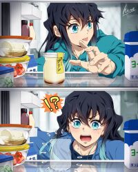  !? 2boys aqua_eyes aqua_hair aqua_hoodie black_hair bottle brothers food gradient_hair hair_between_eyes hana_ni_nare highres hood hoodie kimetsu_no_yaiba long_hair long_sleeves male_focus multicolored_hair multiple_boys open_mouth pudding refrigerator siblings tokitou_muichirou tokitou_yuichirou tomato tongue tongue_out twins 