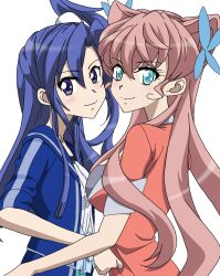  2girls aqua_eyes blue_hair blunt_ends breasts butterfly_hair_ornament closed_mouth commentary_request crossed_bangs curtained_hair double-parted_bangs from_side hair_between_eyes hair_ears hair_ornament high_side_ponytail highres hug kazanari_tsubasa large_breasts long_hair long_sidelocks looking_at_viewer maria_cadenzavna_eve multiple_girls parted_bangs pink_hair senki_zesshou_symphogear short_sleeves side_ponytail sidelocks simple_background small_breasts smile tomosoraaki upper_body v-shaped_eyebrows very_long_hair violet_eyes wavy_sidelocks white_background 