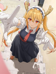  3girls absurdres artist_name black_dress blonde_hair brown_shoes chinese_commentary commentary_request dated dragon_girl dragon_horns dress fang finger_frame gloves gradient_hair highres horns kanna_kamui kobayashi-san_chi_no_maidragon lucoa_(maidragon) maid maid_headdress making-of_available multicolored_hair multiple_girls necktie orange_eyes orange_hair pantyhose puffy_short_sleeves puffy_sleeves red_necktie shadow shenle shirt shoes short_sleeves sidelocks slit_pupils solo_focus tohru_(maidragon) twintails white_gloves white_pantyhose white_shirt 