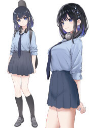  1girl absurdres arms_behind_back black_hair black_shoes black_skirt black_socks blue_eyes blue_nails blue_necktie blue_shirt breasts closed_mouth commentary_request earrings guitar_case headphones headphones_around_neck highres inanaki_shiki instrument_case jewelry kneehighs loafers looking_at_viewer medium_breasts multiple_views necktie original pleated_skirt school_uniform shirt shirt_tucked_in shoes short_hair simple_background skirt smile socks standing white_background 