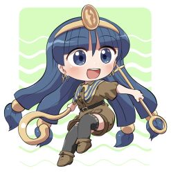  1girl :d belt black_belt black_thighhighs blue_eyes blue_hair blunt_bangs blush boots brown_boots brown_shirt brown_shorts chibi chibi_only commentary_request earrings facial_mark full_body gold_headdress green_background holding holding_scepter jewelry key_earrings long_hair michigami_nareko open_mouth rokugou_daisuke scepter shirt short_sleeves shorts signature smile solo thigh-highs touhou triangle triangle_facial_mark very_long_hair 