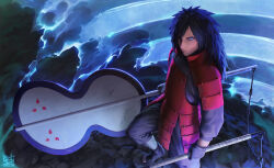  1boy artist_name black_gloves black_hair commentary cracked_skin english_commentary gloves gunbai hallibell-yin hand_fan highres holding holding_weapon long_hair naruto_(series) naruto_shippuuden rinnegan solo uchiha_madara war_fan weapon 