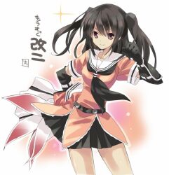  1girl black_gloves black_hair black_neckerchief black_skirt breasts brown_eyes clenched_hand commentary_request elbow_gloves gloves kantai_collection looking_at_viewer medium_breasts neckerchief sailor_collar sasaki_mutsumi school_uniform sendai_(kancolle) serafuku short_sleeves simple_background skirt smile solo sparkle translation_request two_side_up white_sailor_collar 