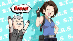  1boy 1girl azumanga_daioh blue_shirt brown_hair caipirinha_(meme) closed_eyes deformed fingerless_gloves gloves grey_hair jewelry jill_valentine meme nagare necklace nikolai_zinoviev open_mouth resident_evil resident_evil_3:_nemesis resident_evil_3_(remake) shirt short_hair smile speech_bubble 