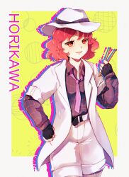  absurdres bad_link belt black_gloves border checkered_clothes checkered_shirt collared_shirt cowboy_shot drumsticks dungeon_toaster fingerless_gloves gloves hat highres horikawa_raiko jacket long_sleeves necktie open_mouth outside_border pink_hair red_eyes shirt short_hair shorts touhou white_hat white_jacket white_shorts 