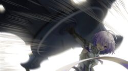  1girl ahoge armor commentary_request duang_(user_tsag8258) fate/grand_order fate_(series) hair_over_one_eye highres holding holding_shield incoming_attack mash_kyrielight mash_kyrielight_(paladin) motion_lines purple_hair shield violet_eyes 
