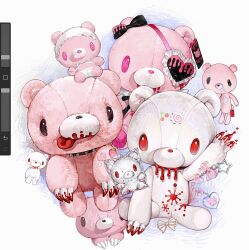  black_bow blood bow charm_(object) claws collar eyepatch gloomy_bear gurokawa heart heart_eyepatch highres huli_xiaobai itazuraguma_no_gloomy no_humans object_focus procreate_(medium) spiked_collar spikes still_life stuffed_animal stuffed_toy teddy_bear 