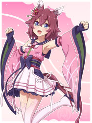  1girl animal_ears armpits blue_eyes blush breasts brown_hair commentary_request detached_sleeves ear_covers fingerless_gloves flower gloves hair_between_eyes hair_flaps hair_flower hair_ornament highres horse_ears horse_girl horse_tail japanese_clothes kimono looking_at_viewer medium_hair open_mouth pink_hair pink_kimono pink_sleeves sakura_chiyono_o_(strength_in_full_bloom)_(umamusume) sakura_chiyono_o_(umamusume) sandals skirt sleeveless sleeveless_kimono smile solo tail thigh-highs umamusume white_skirt white_thighhighs yosuzu 
