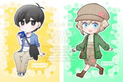  2boys antenna_hair bag bag_charm basil_(birthday)_(omori) basil_(faraway)_(omori) basil_(omori) black_bag black_eyes black_hair blonde_hair blue_eyes blue_jacket blush boots bright_pupils brown_boots brown_hat brown_overalls brown_pants cardigan character_charm character_name charm_(object) chibi chibi_only closed_mouth collarbone collared_jacket collared_shirt commentary_request double-parted_bangs expressionless green_cardigan hair_between_eyes handheld_game_console hat hector_(omori) highres hisaho holding holding_handheld_game_console invisible_floor jacket long_sleeves looking_at_viewer male_focus multiple_boys newsboy_cap official_alternate_costume omori open_cardigan open_clothes open_jacket overall_shorts overalls pants shirt shoes short-sleeved_jacket short_hair short_sleeves sidelocks smile sneakers something_(omori) standing sticker sunny_(birthday)_(omori) sunny_(omori) t-shirt twitter_username white_pupils white_shirt 