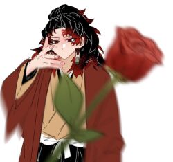  1boy 33_yorimichi black_hair black_hakama blurry commentary_request earrings empty_eyes fingernails flower hakama hanafuda_earrings hand_up japanese_clothes jewelry kimetsu_no_yaiba kimono looking_at_viewer male_focus multicolored_hair red_eyes red_hair rose simple_background solo standing throwing tsugikuni_yoriichi two-tone_hair white_background yellow_kimono 