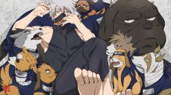  1boy bandaged_head bandages bare_arms bare_shoulders barefoot black_pantyhose black_shirt blue_headband blue_neckerchief book collar dog grey_hair hair_between_eyes hatake_kakashi headband headband_around_neck holding holding_book konohagakure_symbol male_focus mask mouth_mask multiple_dogs naruto_(series) neckerchief one_eye_closed pakkun_(naruto) pantyhose pince-nez scar scar_across_eye scar_on_face shirt short_hair sleeveless sleeveless_turtleneck spiked_collar spikes sunglasses turtleneck x_xayaka 