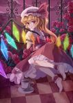  1girl :o barefoot blonde_hair checkered checkered_floor cloudy_sky cup flandre_scarlet flower fork hat hat_ribbon highres li_luo looking_back night red_eyes ribbon rose short_hair side_ponytail skirt skirt_set solo teacup touhou wings 