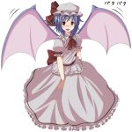  bat_wings blue_hair blush dress flapping hat open_mouth pink_dress red_eyes remilia_scarlet s-syogo short_hair solo touhou wings 