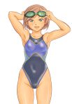  armpits bob_cut brown_hair competition_swimsuit face goggles goggles_on_head green_eyes mizuno one-piece_swimsuit original shoko_(moccom) short_hair smile solo swimsuit wet 