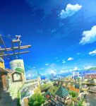  bird blue_sky chimney cityscape cloud clouds dutch_angle fantasy grass hat highres horizon landscape ocean original paper_airplane scenery shade sitting sky smoke solo sunlight town tree witch_hat yatsude 