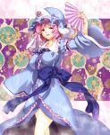  arm_up blue_dress breasts cherry_blossoms dress fan frills highres large_breasts long_sleeves open_mouth pink_eyes pink_hair ribbon saigyouji_yuyuko short_hair smile solo tachibana_chata touhou twig 