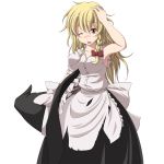  armpits black_dress blonde_hair blush bow braid dress dress_shirt hair_bow hand_on_head hat hat_removed headwear_removed holding holding_hat kirisame_marisa open_mouth s-syogo shirt solo tears torn_clothes touhou wince wink witch witch_hat yellow_eyes 