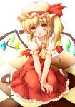  alternate_wings ascot between_legs blonde_hair blush checkered checkered_floor dress fang flandre_scarlet hand_between_legs hat highres looking_at_viewer mikkii open_mouth red_dress short_hair side_ponytail sitting solo touhou v_arms wariza wings yellow_eyes 