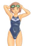  armpits bob_cut brown_hair competition_swimsuit ellesse face goggles green_eyes mizuno one-piece_swimsuit original shoko_(moccom) short_hair smile solo swimsuit wet 