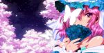  bare_shoulders blue_dress breasts butterfly cherry_blossoms cleavage covering covering_face covering_mouth dress face fan folding_fan hat night off_shoulder pink_eyes pink_hair saigyouji_yuyuko sakegohan solo star_(sky) touhou tree 