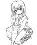  between_thighs cellphone frown kaprice long_hair looking_at_viewer looking_up makise_kurisu monochrome necktie off_shoulder phone shorts sitting sketch solo steins;gate thighs v_arms 