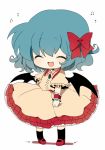  ^_^ bad_id bat_wings blue_hair blush bow chibi closed_eyes dress eyes_closed fang hair_bow happy haru_(kyou) musical_note no_hat no_headwear open_mouth pink_dress remilia_scarlet short_hair smile solo touhou wings 