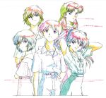  3girls ayanami_rei bow color_trace hair_ornament ikari_shinji katsuragi_misato multiple_boys multiple_girls nagisa_kaworu neon_genesis_evangelion production_art school_uniform skirt soryu_asuka_langley souryuu_asuka_langley 