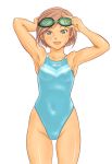  armpits brown_hair competition_swimsuit ellesse face goggles goggles_on_head green_eyes one-piece_swimsuit original shoko_(moccom) short_hair smile solo swimsuit wet 
