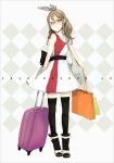  bare_shoulders black_legwear boots bow brown_eyes brown_hair checkered checkered_background dress fashion glasses hair_bow highres long_hair mole original sleeveless smile solo standing suitcase thigh-highs thighhighs wavy_hair yoshito zettai_ryouiki 