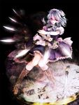  awa_toka boots braid highres izayoi_sakuya knife maid maid_headdress nail_polish planted_weapon pocket_watch solo throwing_knife touhou watch weapon 