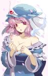  :o bad_id bare_shoulders blue_dress breasts chagen_kokimu cherry_blossoms cleavage collarbone dress dress_pull hands_on_own_chest hands_to_chest hat highres off_shoulder open_mouth pink_eyes pink_hair red_eyes saigyouji_yuyuko sdmaiden short_hair solo touhou 