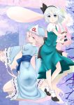  blue_dress breasts cherry_blossoms dress fan folding_fan ghost green_eyes hairband hat hitodama japanese_clothes katana kneeling konpaku_youmu konpaku_youmu_(ghost) multiple_girls pink_hair red_eyes saigyouji_yuyuko sakisaka_shinono scabbard sheath short_hair sword touhou triangular_headpiece weapon white_hair 