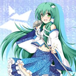  blush chatamaru_(irori_sabou) detached_sleeves frog green_eyes green_hair hair_ornament highres kochiya_sanae long_hair microphone microphone_stand navel open_mouth skirt smile snake solo star touhou tyata-maru 