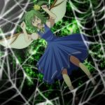  arms_up blue_dress blush daiyousei dress green_eyes green_hair hair_ornament hair_ribbon hairpin highres open_mouth ribbon s-syogo side_ponytail solo spider_web stuck tears touhou web wings 