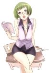  book breasts cleavage copyright_request crossed_legs curvy desk earrings glasses jewelry nishieda short_hair simple_background sitting sketch solo teacher 