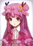  bad_id brooch bust capelet crescent crescent_moon hat jewelry light_smile moon patchouli_knowledge portrait purple_eyes purple_hair simple_background solo touhou violet_eyes yasuda_yuzu 