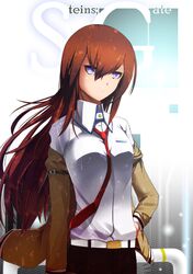  brown_hair hand_on_hip highres hips jacket kurasaki_cority long_hair makise_kurisu necktie solo steins;gate 