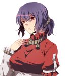  alternate_hairstyle bad_id hinase_kei hinasekei ponytail purple_hair red_eyes shimenawa short_hair short_ponytail solo touhou yasaka_kanako 