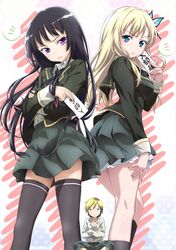  annoyed aqua_eyes black_hair black_legwear blonde_hair boku_wa_tomodachi_ga_sukunai buriki butterfly crossed_arms hair_ornament hasegawa_kodaka highres kashiwazaki_sena long_hair mikazuki_yozora multiple_girls pleated_skirt purple_eyes school_uniform short_hair skirt thigh-highs thighhighs violet_eyes zettai_ryouiki 